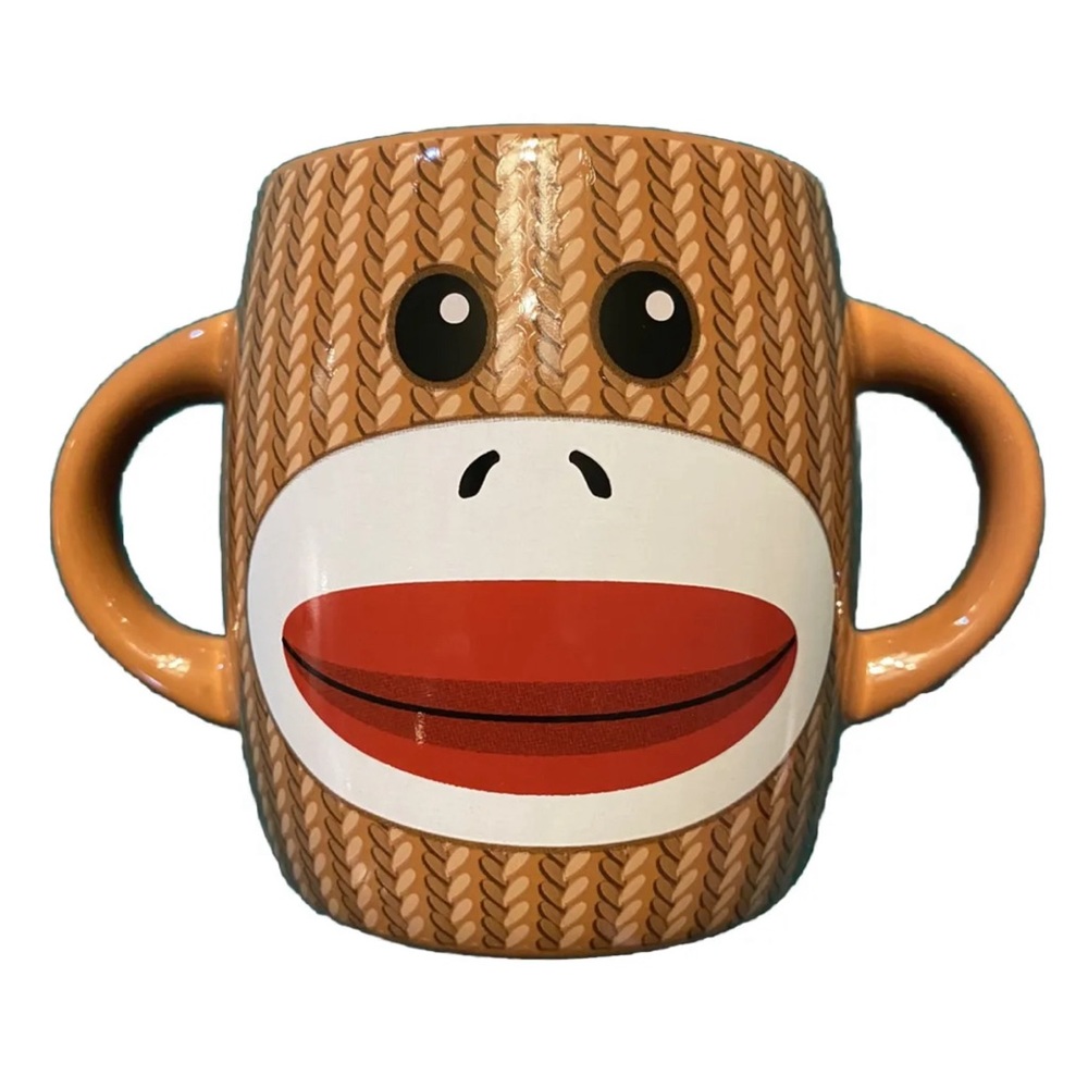 New in box Sock Monkey Coco Coffee Two Handled Mug Dishwasher/microwave Safe